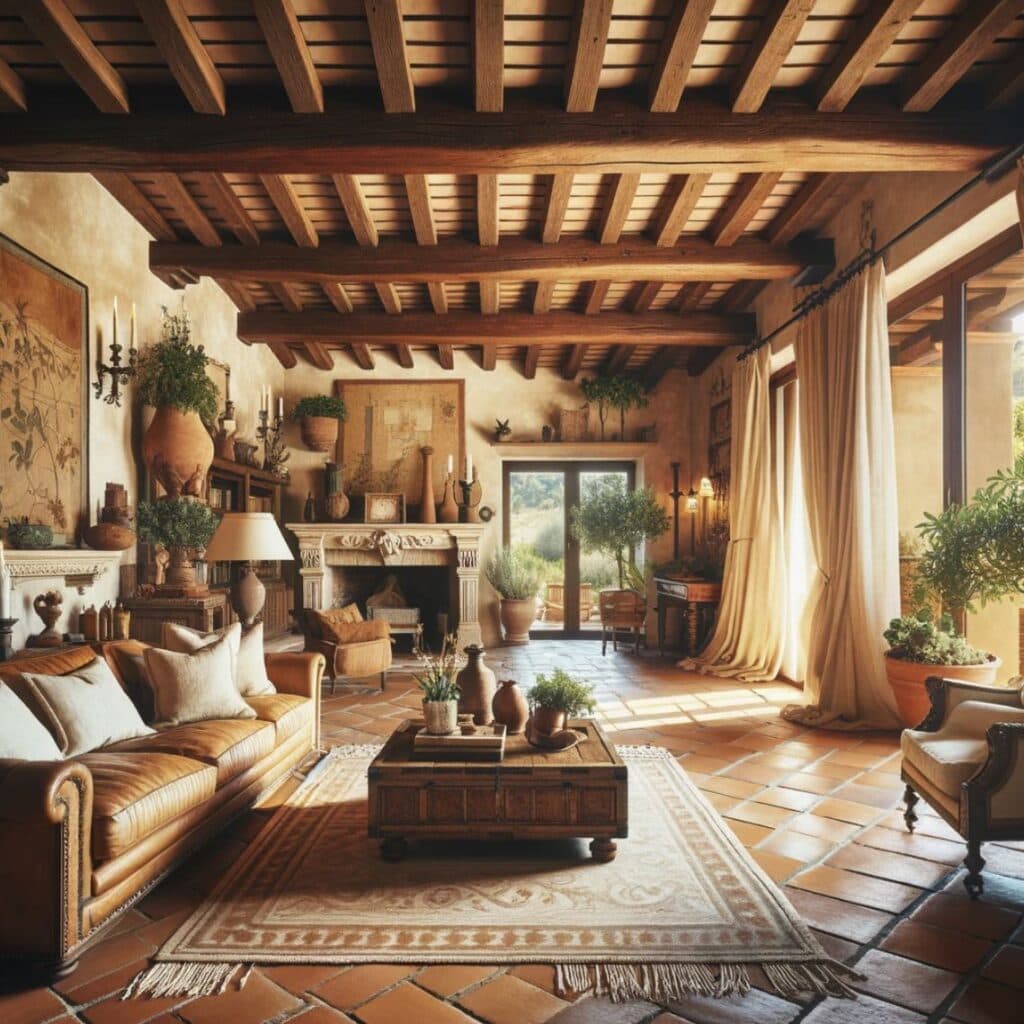 Restauro conservativo degli interni di un casolare storico italiano con travi in legno a vista